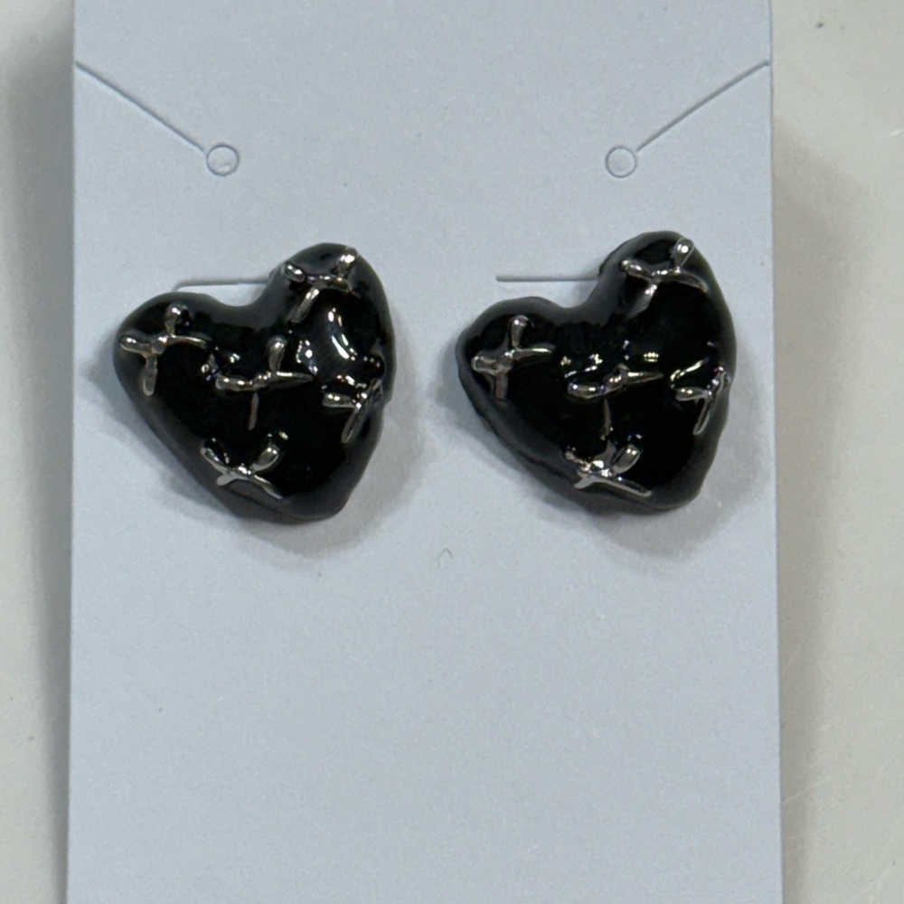 Black and Silver Heart Stud Earrings